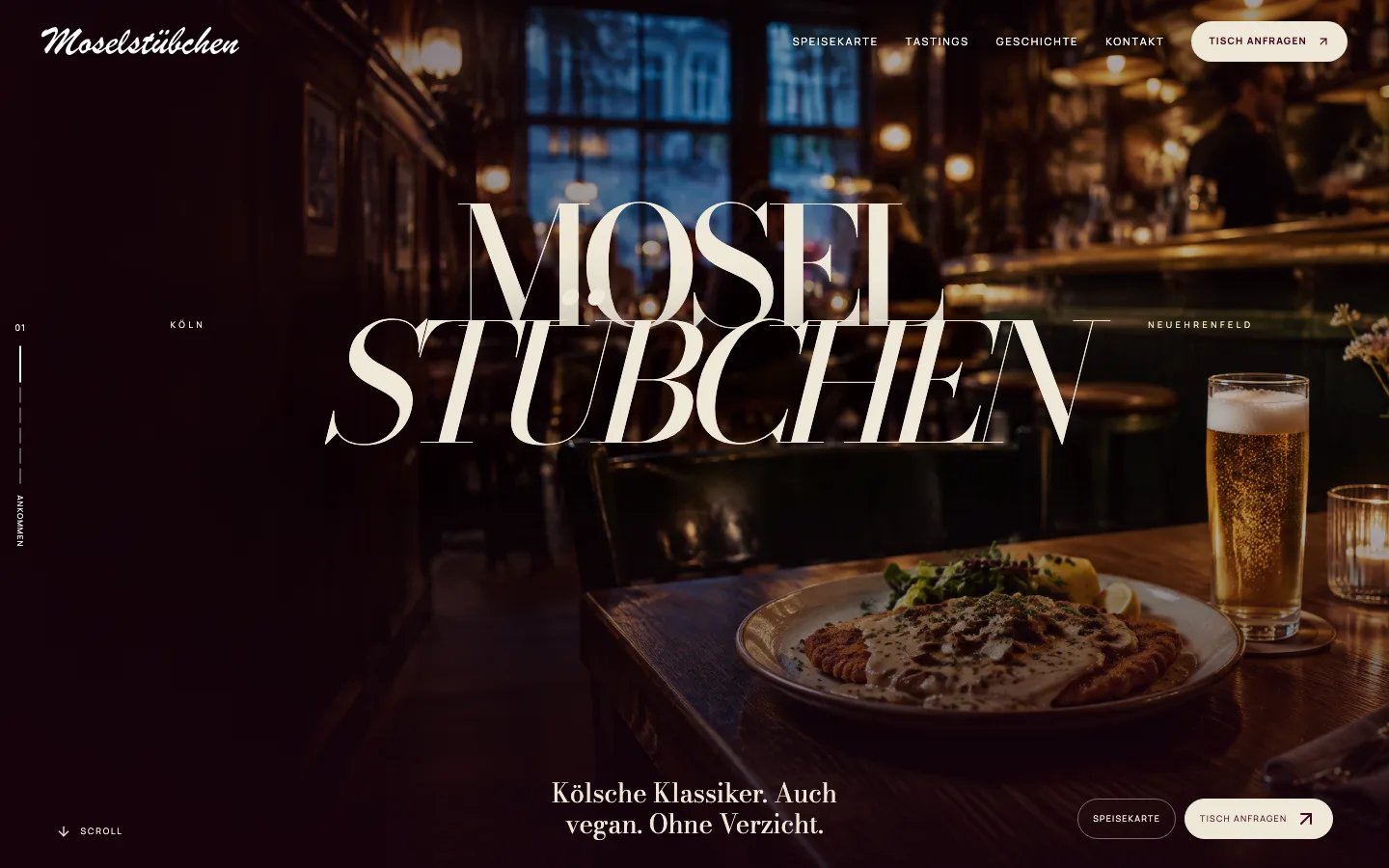 Startseite des Moselstübchens am Desktop mit großem Schriftzug über einem Bild der Stube