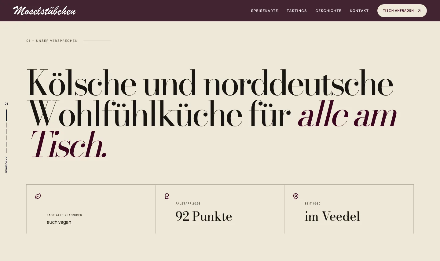 Sektion Unser Versprechen mit drei Fakten: fast alle Klassiker vegan, Falstaff 92 Punkte, im Veedel