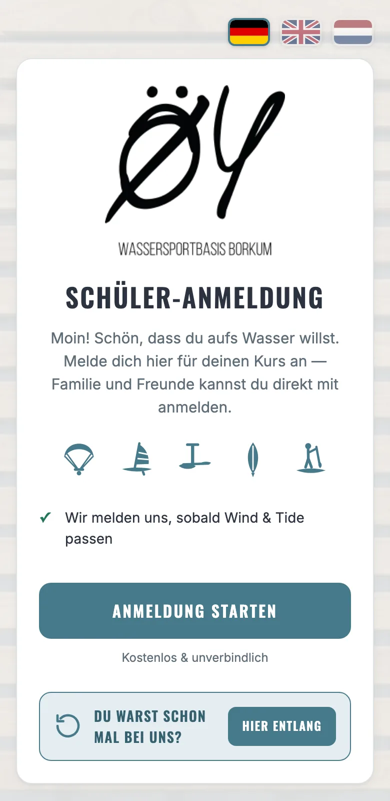 Öffentlicher Anmelde-Wizard der Surfschule auf dem Handy