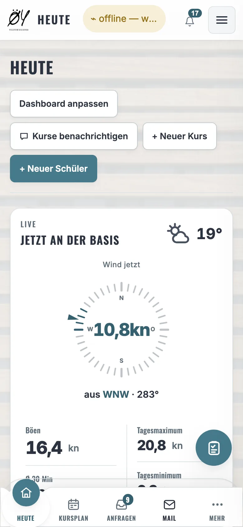 Heute-Ansicht des Dashboards auf dem Handy mit Windrose und Tagesaktionen